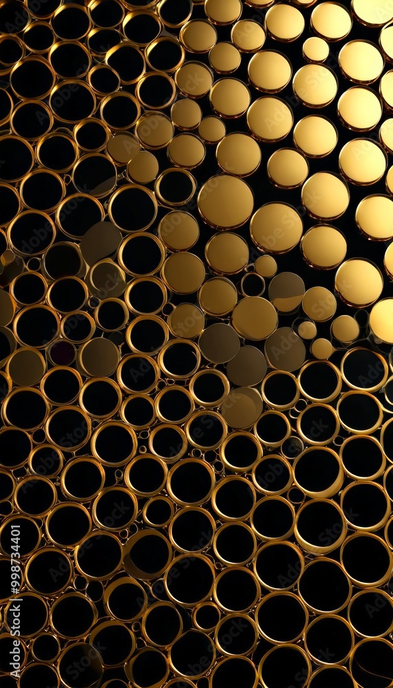 Poster a captivating pattern of overlapping circles in varying shades of gold and black, creating a visually striking and abstract design