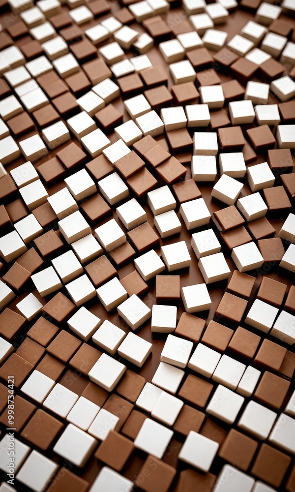 Poster A close-up view mosaic composed of numerous small square tiles in various shades of brown and white, arranged in a random pattern