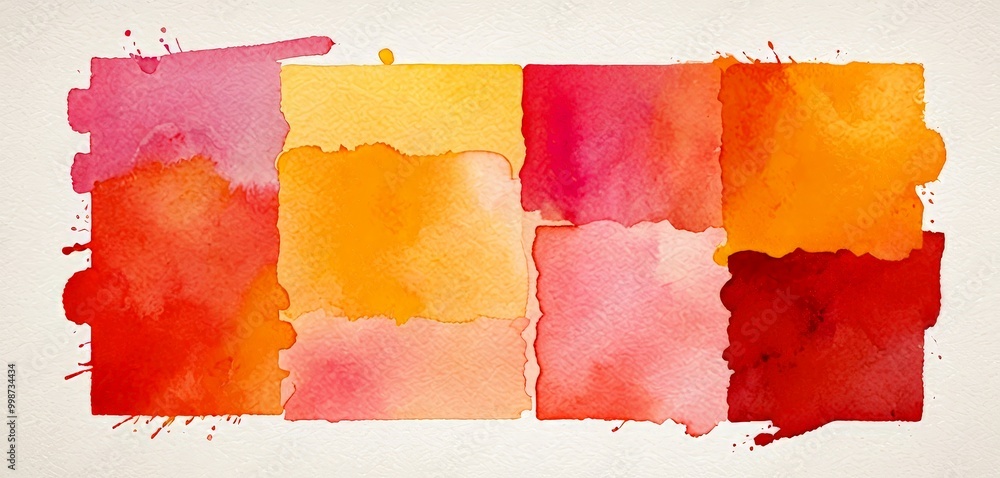 Poster a vibrant abstract composition of overlapping watercolor squares in various shades of red, orange, a