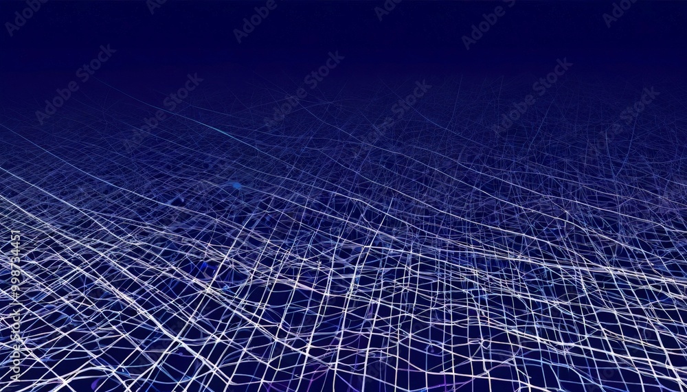 Poster a complex network of intersecting lines and curves, creating a sense of depth and dimensionality The lines, varying in thickness and color, converge towards