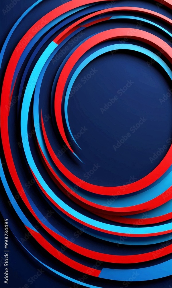 Poster a circular arrangement of overlapping curved lines in red, blue, and black, creating a dynamic and visually striking composition