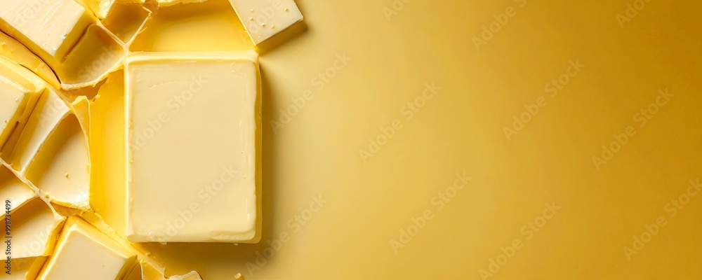 Poster A block of butter rests on a golden yellow background, surrounded by additional pieces of the same butter