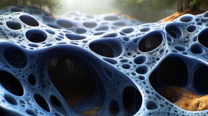 An abstract view of a blue, porous surface resembling natural formations, evoking a sense of depth and organic structure.