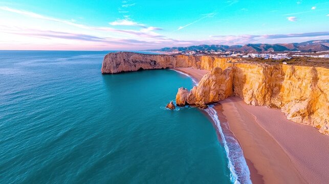 A scenic cliffside view with waves crashing below and the golden hour light illuminating the scene