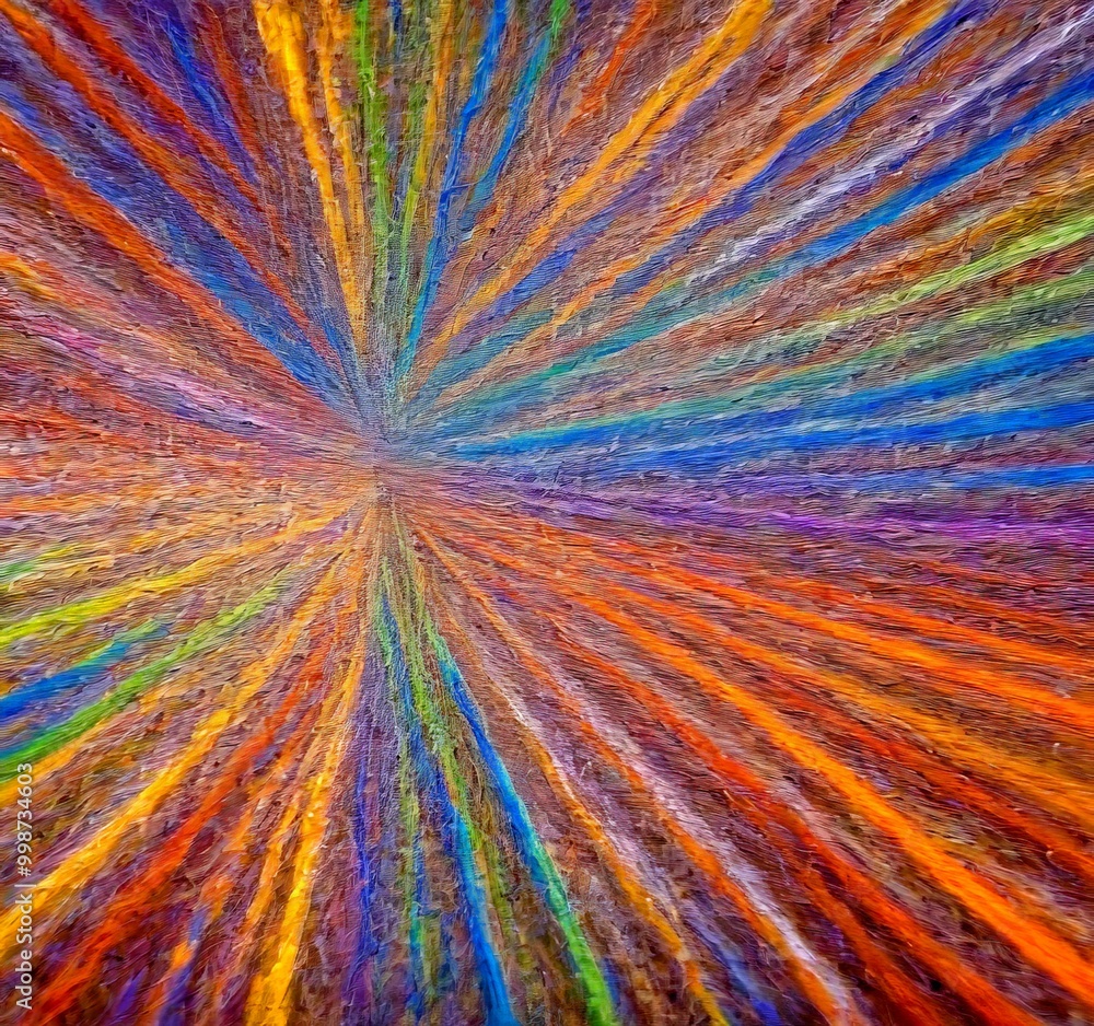 Poster a vibrant abstract painting with a radial pattern of intersecting lines in various colors, creating 
