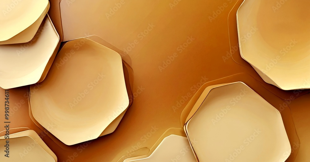 Poster a collection of overlapping hexagonal shapes in varying shades of brown, creating a textured and abstract composition