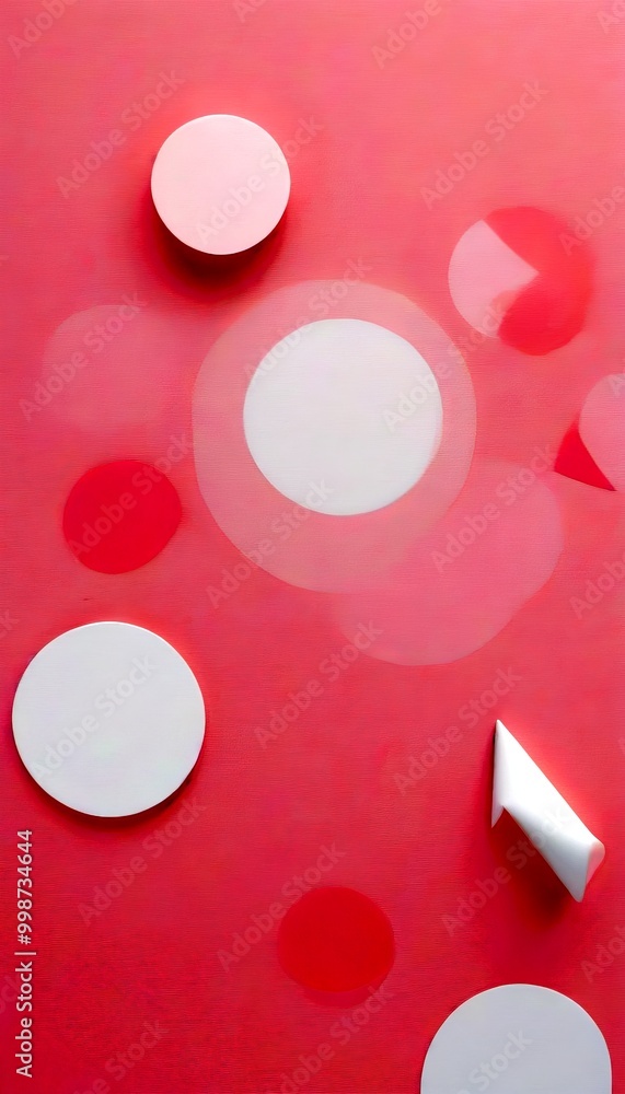 Poster abstract composition featuring white circles and a white paper arrow on a pink background