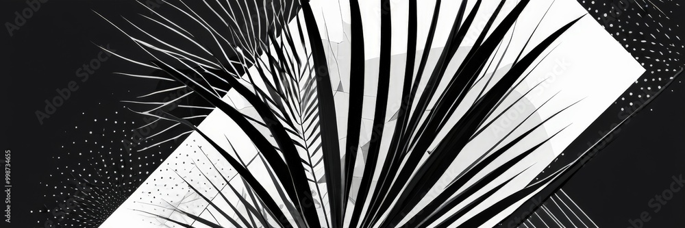 Poster a black and white abstract composition featuring a stylized palm frond with a geometric pattern of intersecting lines and dots