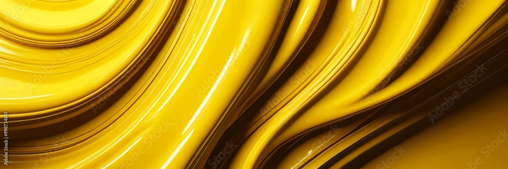 Poster a close-up view shiny, golden-yellow material with a wavy, flowing texture the material appears to b