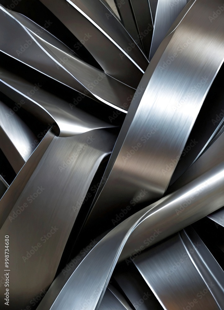 Poster a close-up view metallic surface with a complex, abstract pattern of curved and intersecting lines, creating a sense of depth and movement