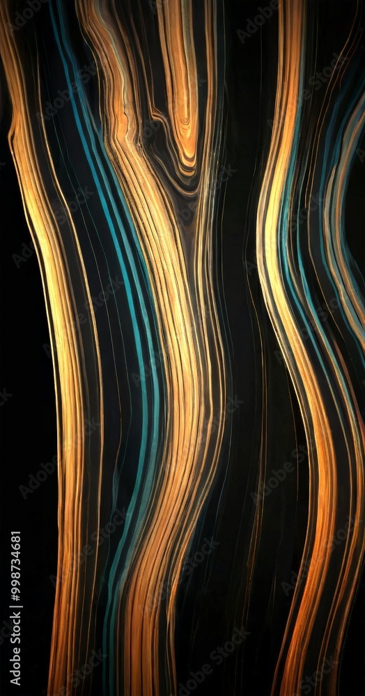 Poster a striking abstract pattern of curved lines in various shades of brown, black, and blue, creating a 