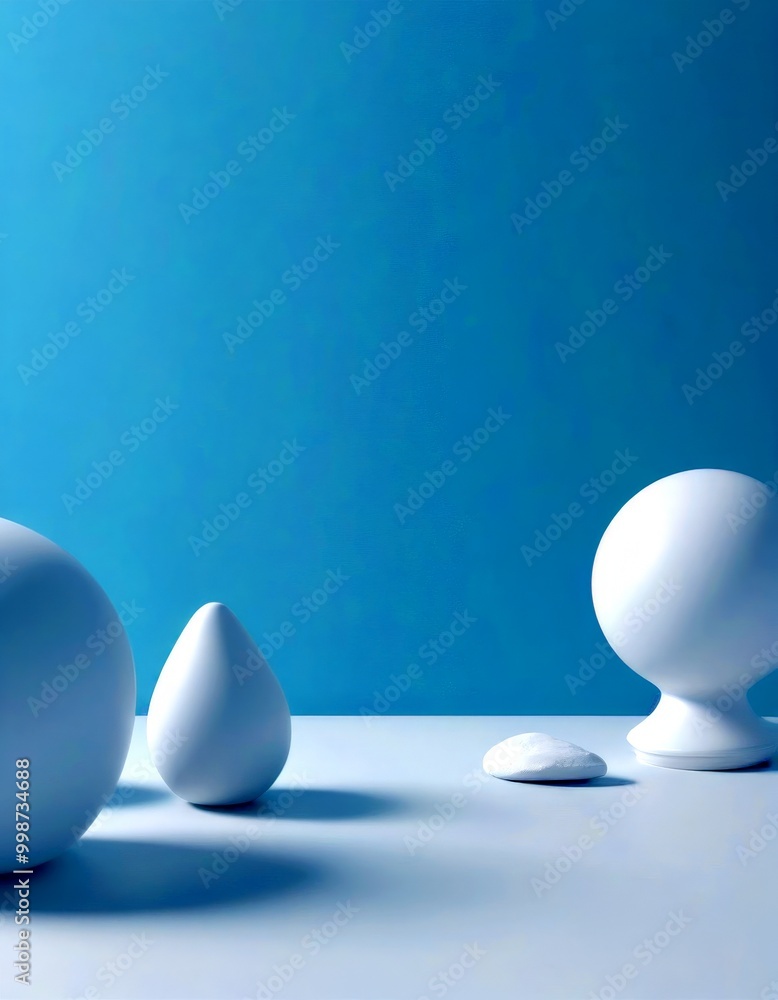 Aufkleber three white spheres of varying sizes are arranged on a white surface against a light blue background
