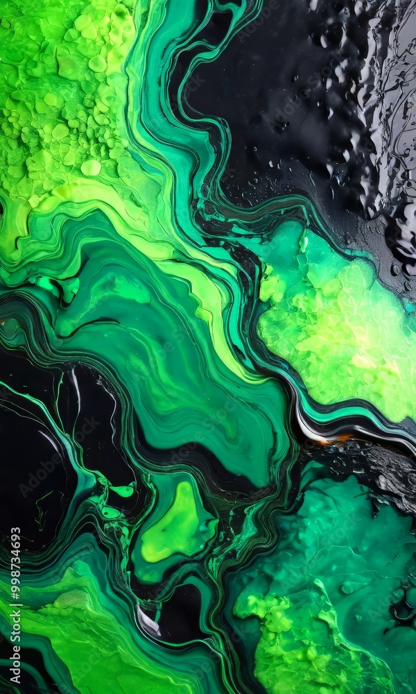 Poster a striking abstract pattern with swirling, organic shapes in shades of green and black, creating a s