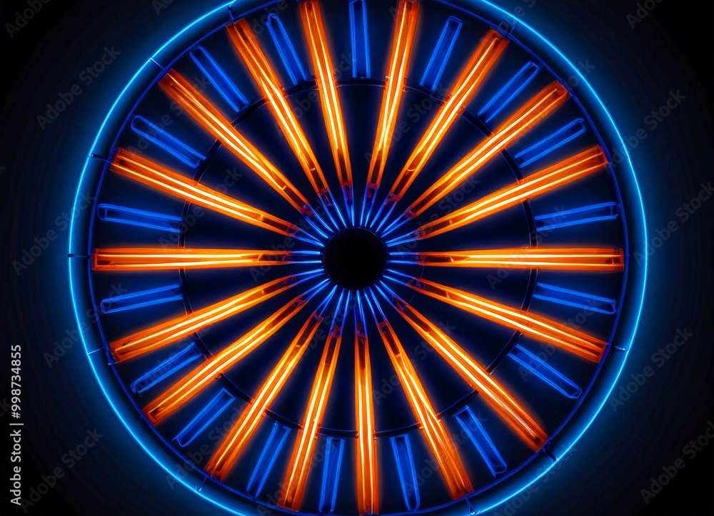 Poster a circular pattern of glowing blue and orange lines radiating outwards from a central point, creating a mesmerizing and visually striking effect