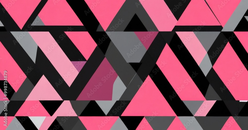 Poster a geometric pattern composed of overlapping triangles in various shades of pink, black, and gray, creating a visually striking and abstract design