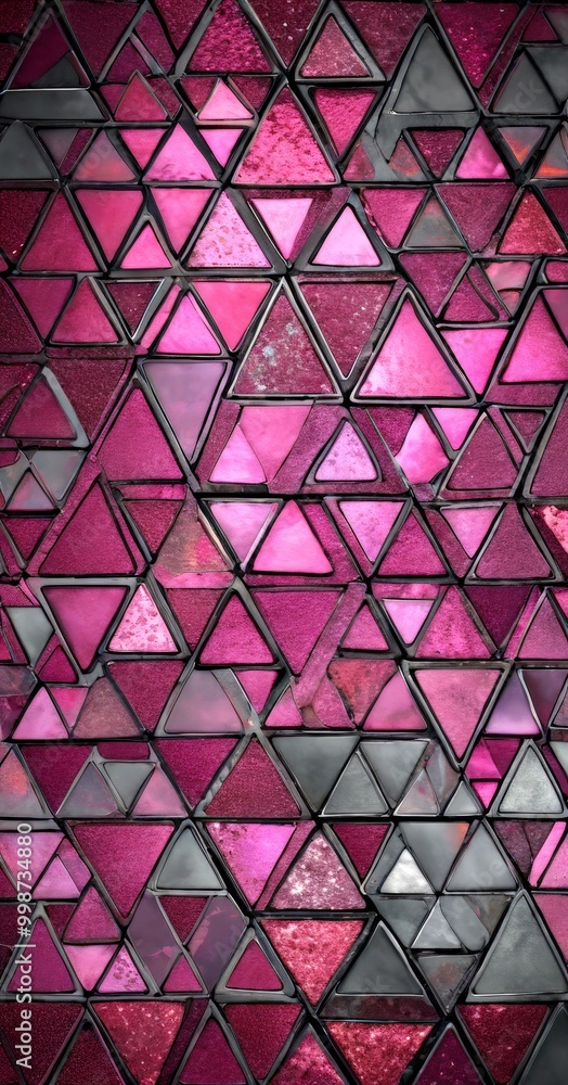 Poster a mosaic of pink and black triangles arranged in a grid-like pattern, creating a visually striking and abstract design