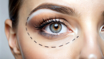 A close-up of a person's eyes features precise makeup, with detailed eyeliner and well-defined brows. The dashed lines under the eyes indicate cosmetic surgery or make-up contouring. AI generated.