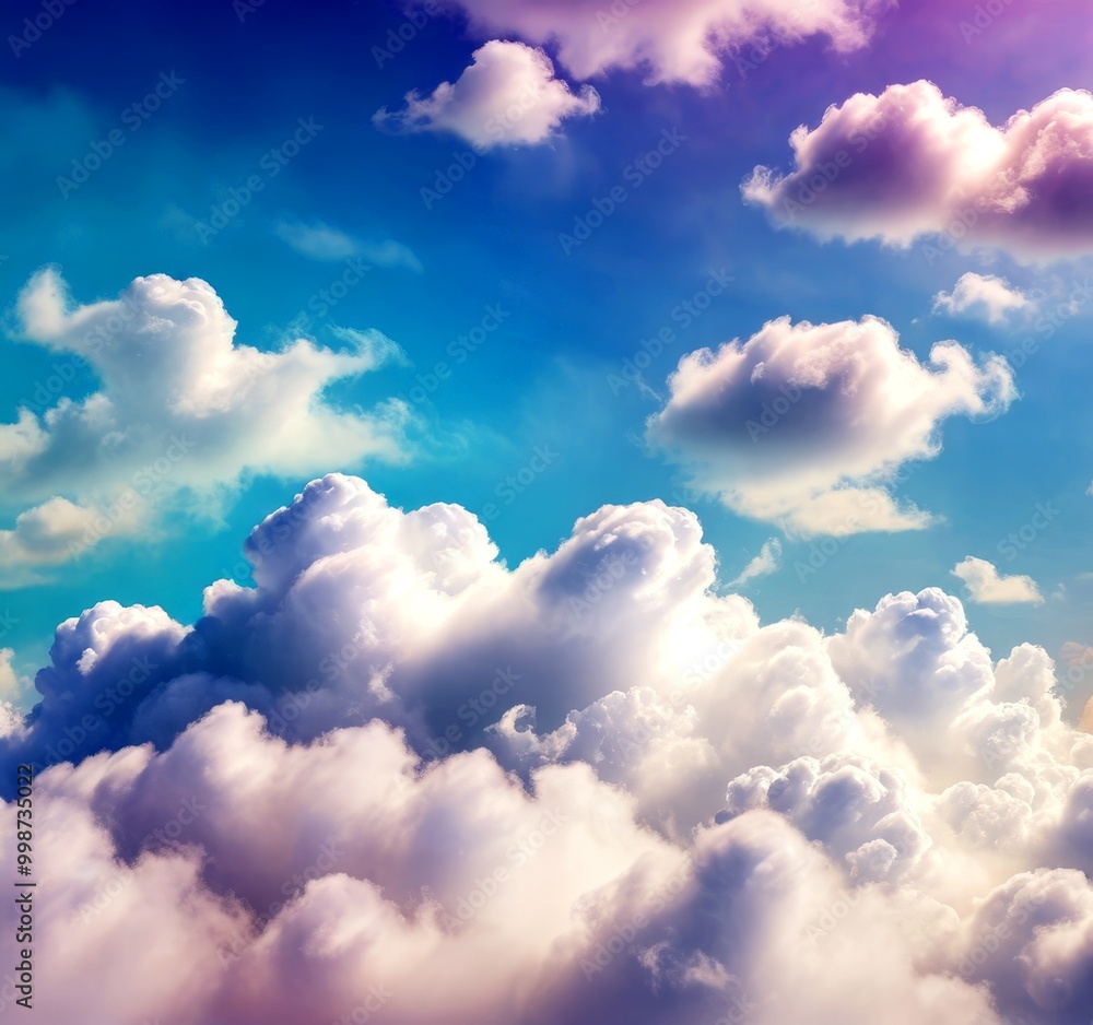 Leinwandbilder A vibrant sky filled with fluffy white clouds, transitioning from a deep blue at the top to a lighter shade of blue at the bottom, creating a serene and dreamy atmosphere