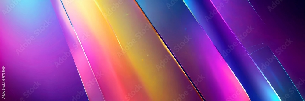 Poster a vibrant abstract composition of intersecting lines and curved shapes, with a gradient of colors transitioning from purple to yellow, orange, and pink
