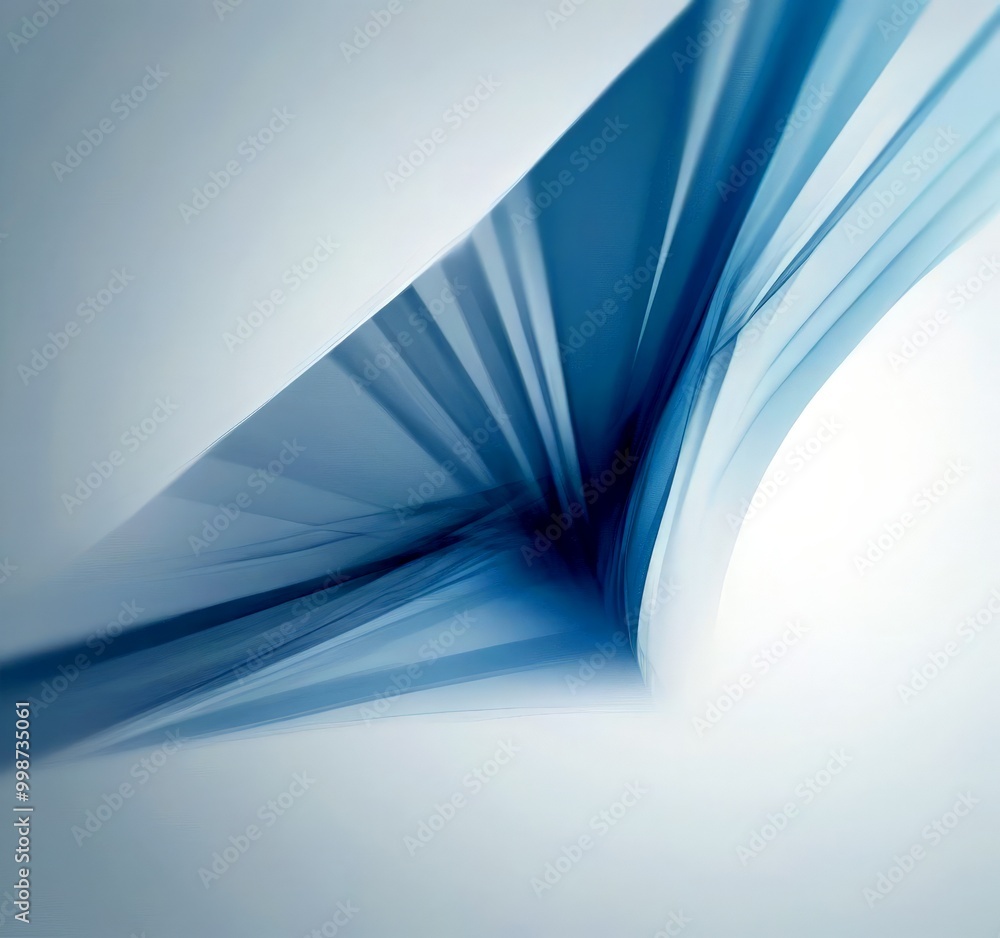 Poster a white background with a blue abstract design composed of curved lines and rays, creating a sense of movement and dynamism