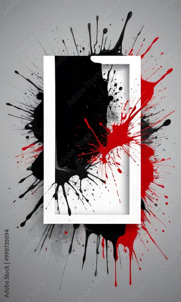 Poster a white rectangular frame with black and red paint splatters and drips surrounding it, creating a dynamic and abstract composition