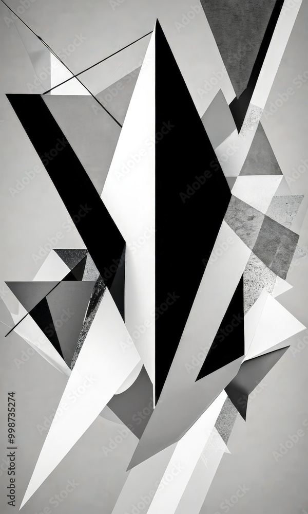 Aufkleber a black and white abstract composition featuring a variety of geometric shapes and lines, creating a dynamic and visually striking composition
