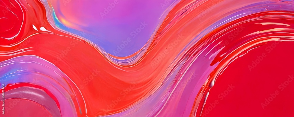 Poster a vibrant abstract composition of overlapping curved lines in various shades of red, pink, and purple, creating a dynamic and visually striking pattern.