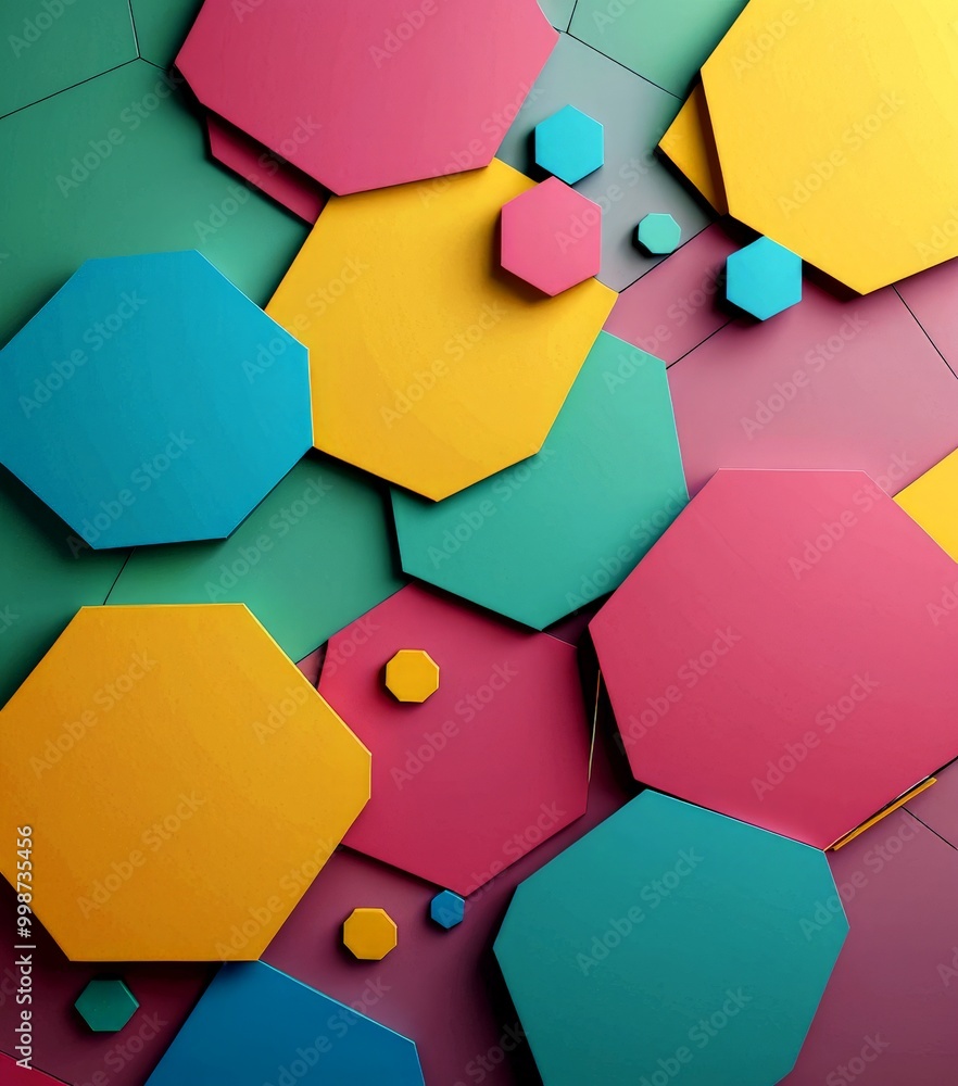 Aufkleber a vibrant abstract composition of overlapping hexagonal shapes in various bright colors, including pink, yellow, blue, and green, against a solid purple background