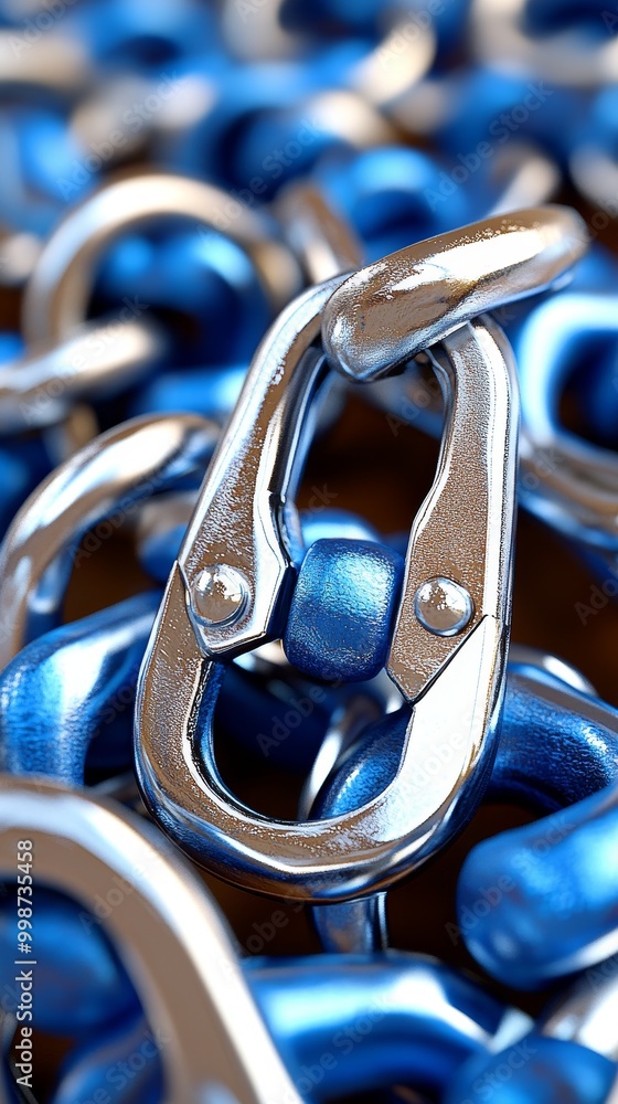 Poster close-up of a shiny metallic clasp linking strong blue chains, symbolizing security and strength in 