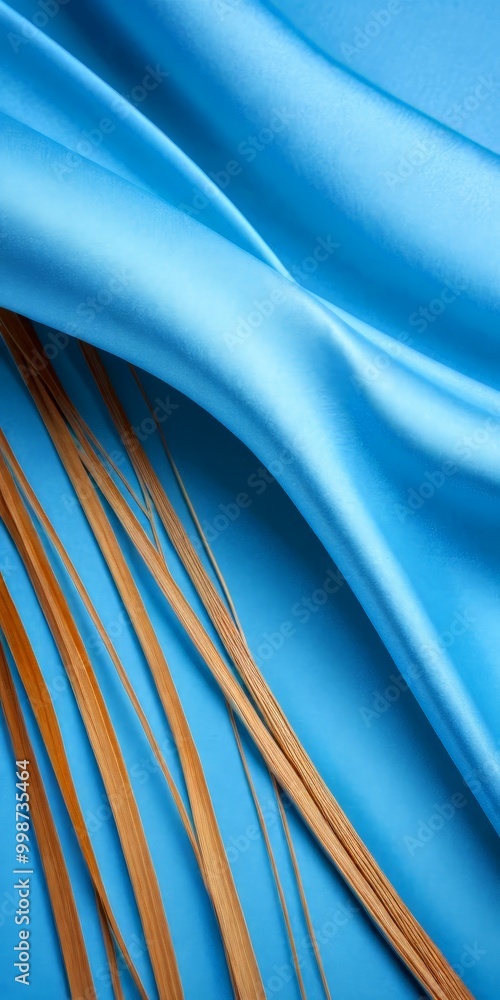 Poster a close-up view of a blue fabric with a curved texture, accompanied by a diagonal arrangement of brown straw or reeds.