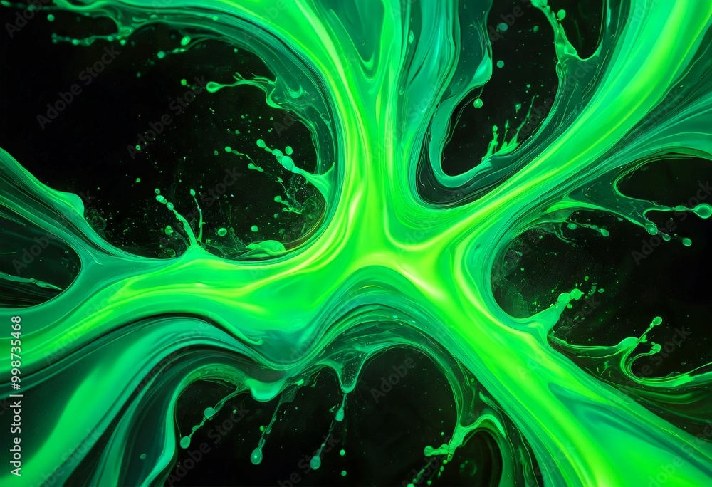 Poster a vibrant abstract composition of green and black hues, with a central, swirling pattern of green li