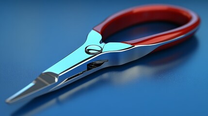 Close-up of a sleek pair of scissors with a red handle on a blue background, perfect for crafting and office work.