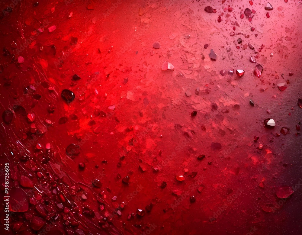 Poster a close-up view red surface with numerous small, irregularly shaped objects scattered across it, creating a textured and abstract pattern