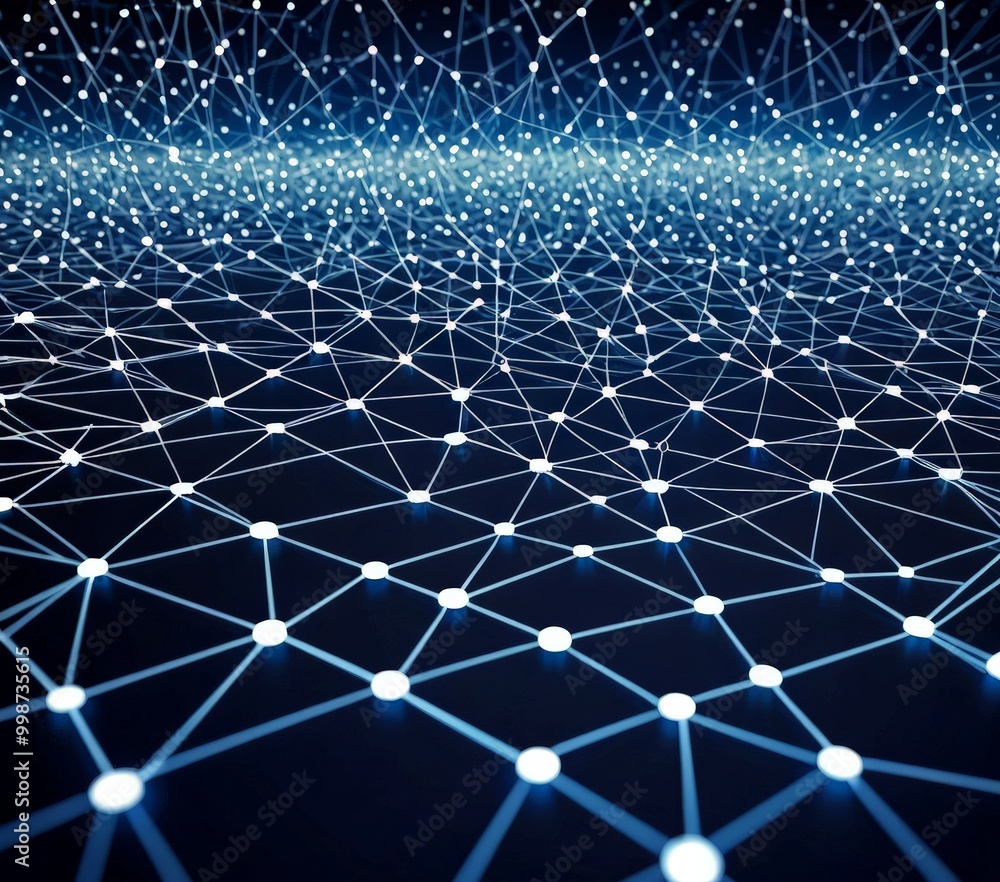 Poster a digital illustration network of interconnected lines and dots, creating a sense of depth and complexity The lines and dots are arranged in a