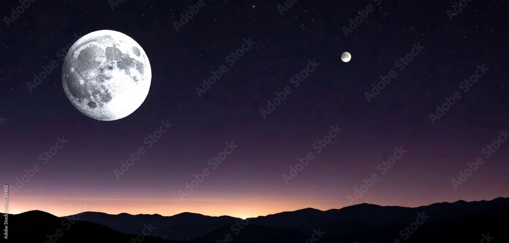 Poster a large full moon dominates the night sky, with a smaller crescent moon visible in the background, s