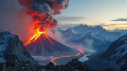 Fototapeta premium Dramatic Volcanic Eruption with Flowing Lava at Sunset