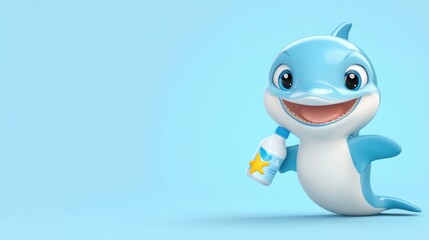 Obraz premium Happy cartoon dolphin holding a bottle on blue background