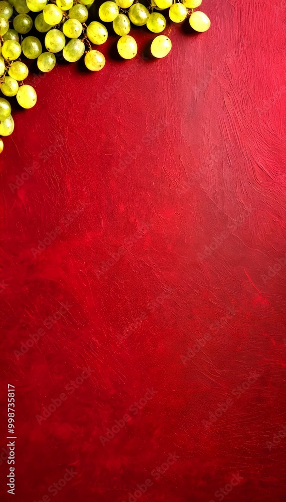 Poster A cluster of green grapes rests on a red textured surface, creating a visually appealing contrast between the vibrant green and the deep red background.