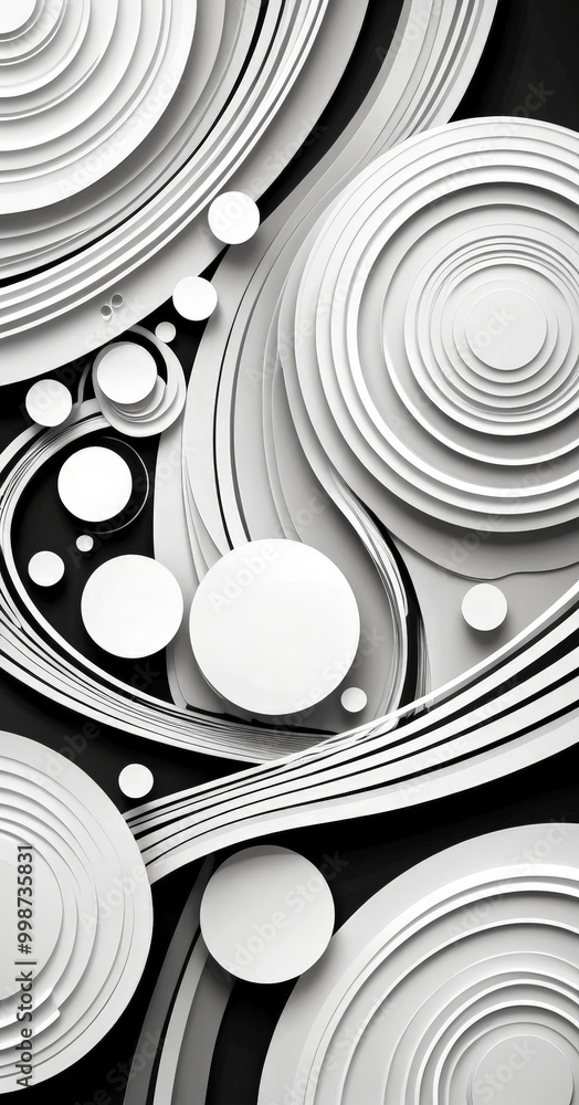 Leinwandbilder a striking black and white composition featuring a complex arrangement of concentric circles and lines, creating a sense of depth and movement