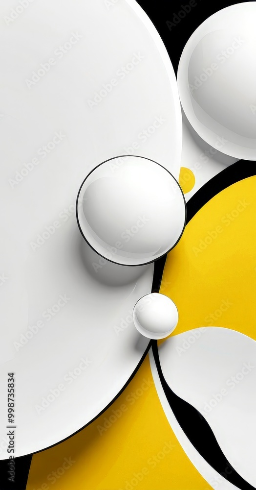 Poster a of abstract shapes in white, yellow, and black, with a white circle overlapping a yellow circle an