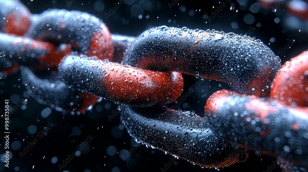 Poster close-up of a wet chain with captivating textures and details, showcasing the interplay of light and