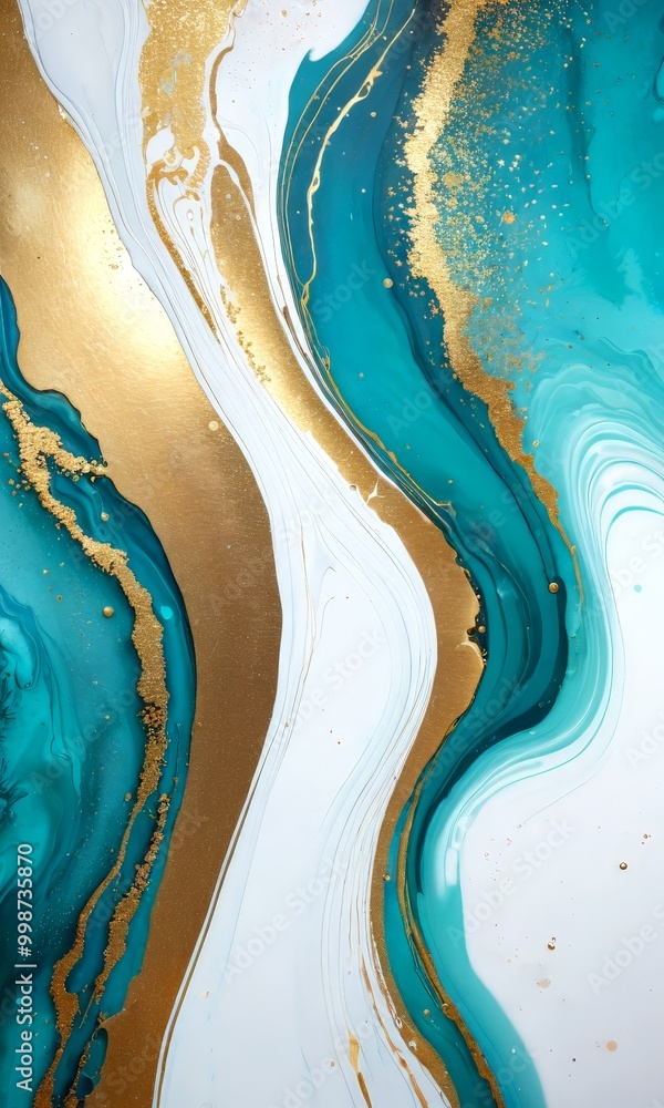 Poster a striking abstract painting with swirling patterns of turquoise and gold, creating a sense of movement and depth