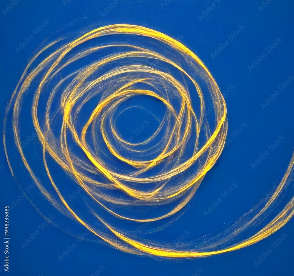 Poster a spiral pattern of golden lines against a deep blue background