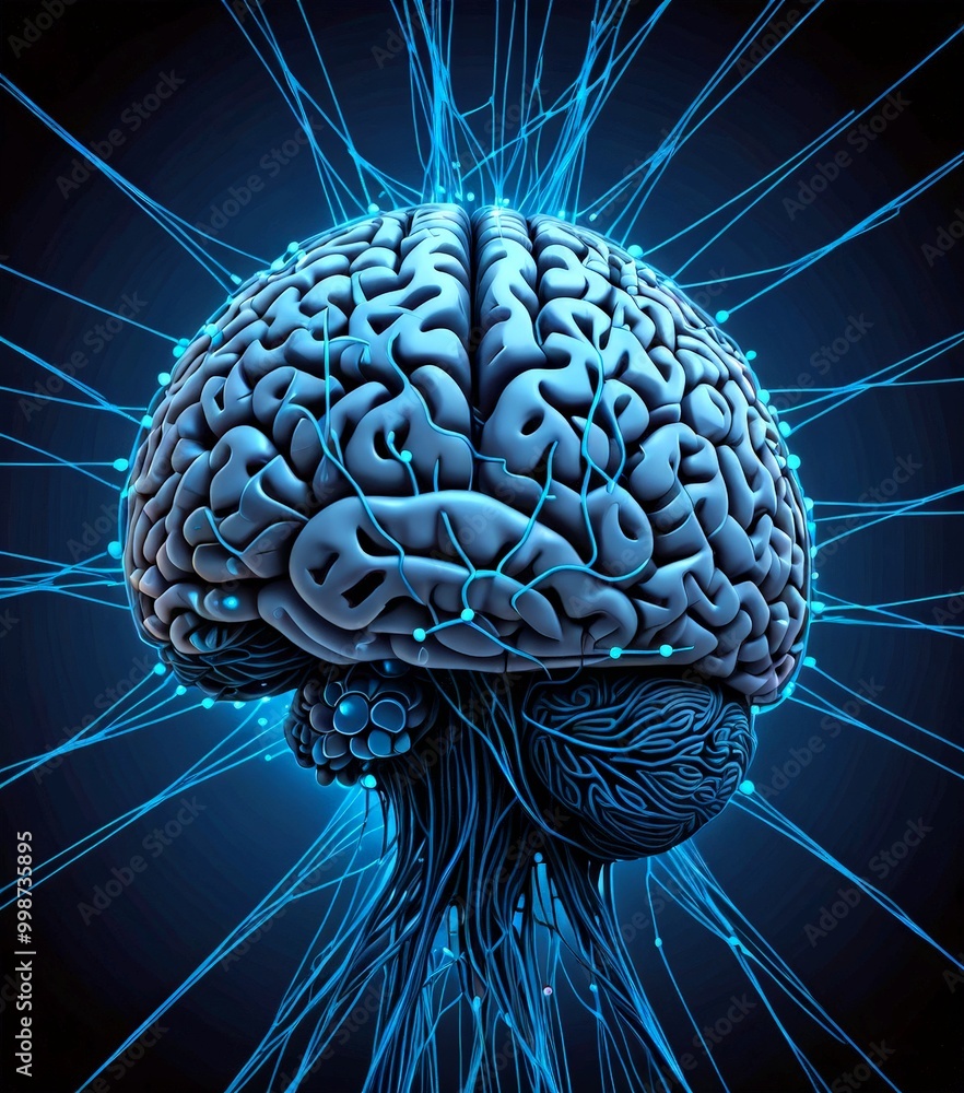 Poster a detailed brain, with intricate blue lines radiating out from its center, creating a sense of energ
