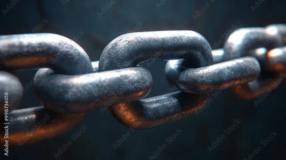 Poster close-up of metallic chain links showcasing details in texture and shine against a dark background. 