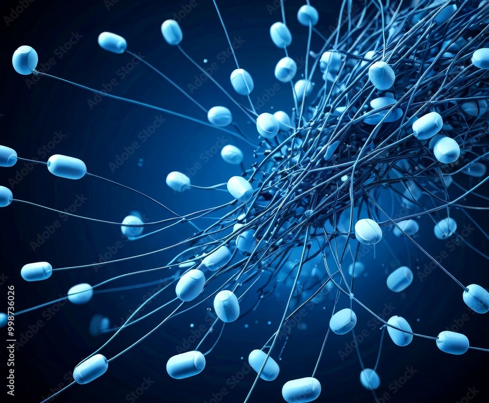 Poster a complex network of interconnected blue spheres, resembling a web or a cluster of interconnected nodes, against a dark blue background
