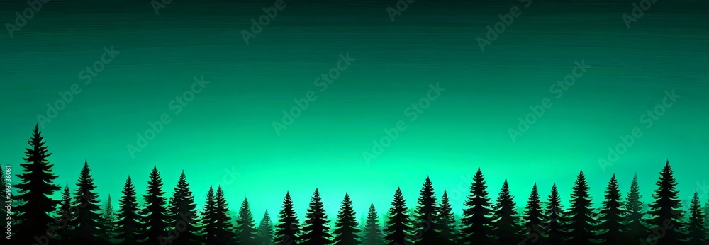 Aufkleber a serene forest scene with tall evergreen trees silhouetted against a deep green sky, creating a tra