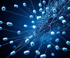 a complex network of interconnected blue spheres, resembling a web or a cluster of interconnected nodes, against a dark blue background