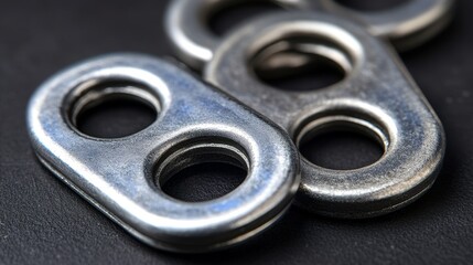 Obraz premium Close-up of metallic pull tabs showcasing shiny surfaces and unique shapes, ideal for industrial or recycling themes.