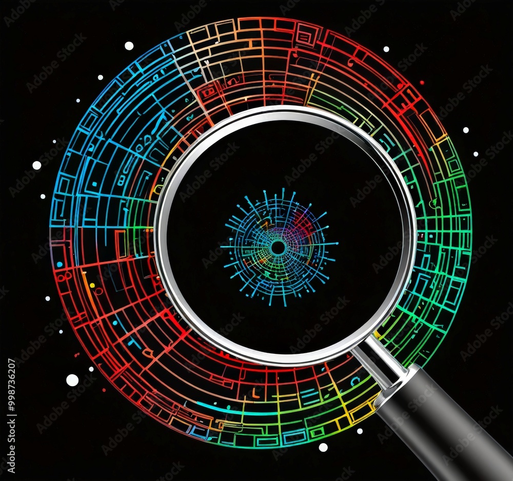 Poster A magnifying glass is held over a complex, colorful network of lines and shapes, revealing a central, intricate pattern within the network
